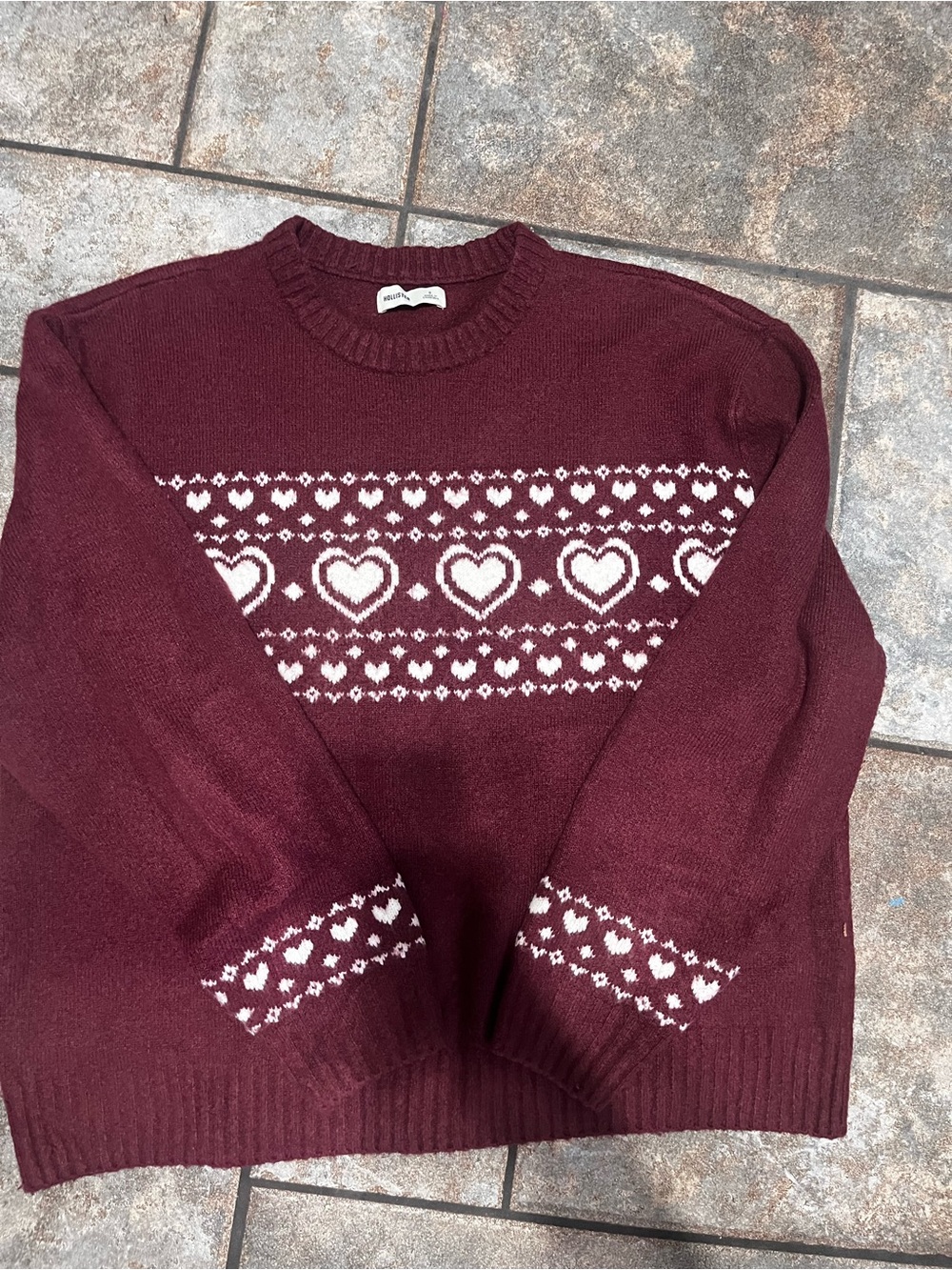 Hollister Burgundy Crewneck Sweater with White Heart Jacquard